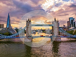 Aerial view to the Tower Bridge and skyline of London, UK