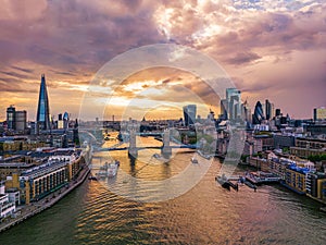 Aerial view to the Tower Bridge and skyline of London, UK