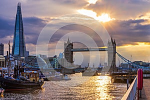 Aerial view to the Tower Bridge and skyline of London, UK