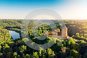 Aerial view to the Turaida castle and river Gauja, Latvia photo