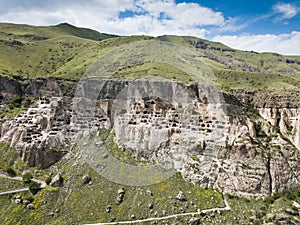 Aerial view to Vardzia cave monastery excavated from Erusheti Mountain on the left bank of the Mtkvari River, near Aspindza