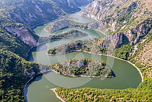 Aerial view to viewpoint Vidikovac Molitva, with curved meanders in canyon of Uvac river, Serbia