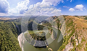 Aerial view to viewpoint Vidikovac Molitva, with curved meanders in canyon of Uvac river, Serbia
