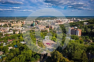 aerial view to White rotunda in Poltava city with cityscape