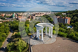 aerial view to White rotunda in Poltava city with cityscape