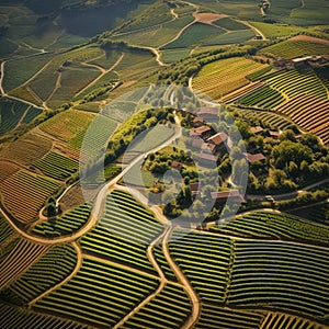 Aerial view to wineyard field, agricultural concept