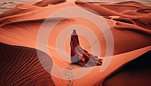 Aerial view to woman in billowing red dress in desert sand rear view, beautiful desert scape