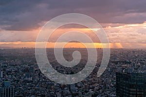 Aerial view of Tokyo cityscape at sunset. Modern urban sprawl city background