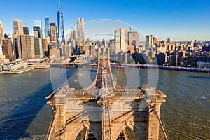 Aerial view of the top of the Brooklyn Bridge and the New York City skyline