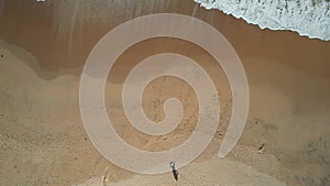 Aerial view top down of male fisherman on the beach with waves crashing