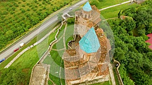 Aerial view on top of Gremi church in Shilda village, historical heritage
