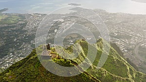 Aerial view on top of Haiku Stairs, Tourist attraction on Oahu island, epic hike