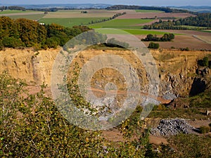 Aerial view of the top of the hill Rother Kopf` over a quarry in Muellenborn, Eifel`