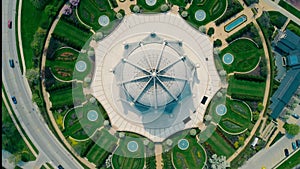 Aerial view on Top House of Worship of the Baha'i faith in front of Chicago and the state of Illinois