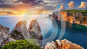 Aerial view top seashore, rocky coast, waves crashing on rock cliff. Blue ocean surface sunny summer