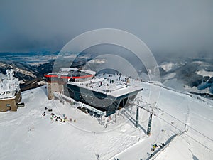 Aerial view of top ski lift cabin station on chopok mountain