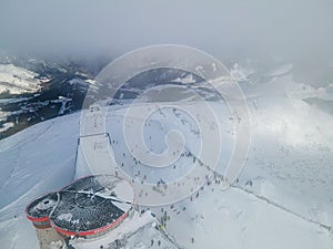 Aerial view of top ski lift cabin station on chopok mountain