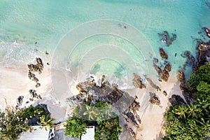 Aerial view top view Beautiful topical beach with white sand coconut palm trees and sea. Top view empty and clean beach. Waves