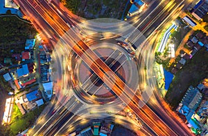 Aerial view and top view of traffic on city streets in Bangkok , Thailand. Expressway with car lots. Beautiful roundabout road in