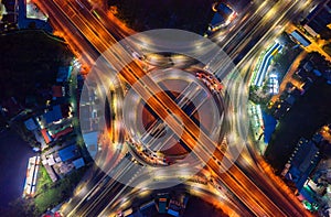 Aerial view and top view of traffic on city streets in Bangkok , Thailand. Expressway with car lots. Beautiful roundabout road in