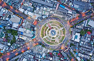 Aerial view and top view of traffic on city streets in Bangkok , Thailand. Expressway with car lots. Beautiful roundabout road in