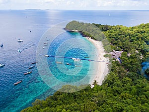 Aerial view or top view of tropical island beach with clear water at Banana beach, Coral Island, Koh Hey, Phuket