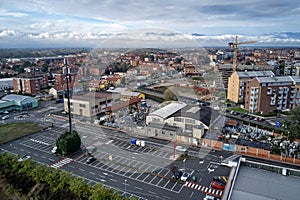 Aerial view of torino Turin in autumn with the mountains and clouds at the horizon