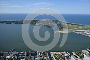 Aerial View of Toronto Airport, Harbour and Lake Ontario, Canada from CN Tower