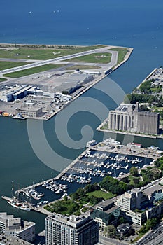 Aerial View of Toronto Airport, Harbour and Lake Ontario, Canada from CN Tower