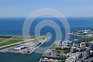 Aerial View of Toronto Airport, Harbour and Lake Ontario, Canada from CN Tower