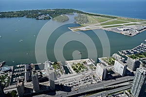 Aerial View of Toronto Airport, Harbour and Lake Ontario, Canada from CN Tower