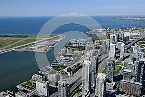 Aerial View of Toronto Airport, Harbour and Lake Ontario, Canada from CN Tower
