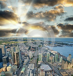 Aerial view of Toronto city skyline at dusk. Sunset sky colors