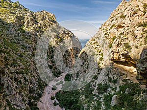 Aerial view of Torrent de Pareis canyon. Mallorca