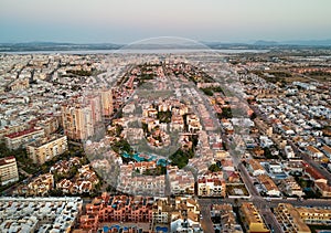 Aerial view Torrevieja cityscape at sunset. Costa Blanca. Spain