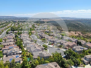 Aerial view of Torrey Santa Fe, middle class subdivision neighborhood with residential villas