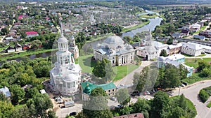 Aerial view of Torzhok city with Borisoglebsky male monastery and Tvertsa river