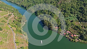 Aerial View Of Tourboats In River Minho In Belesar Village And Reservoir. Aerial