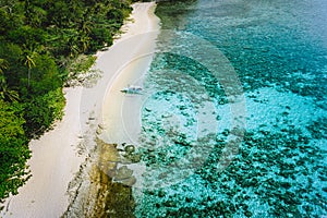 Aerial view of tourist boat at tropical sandy beach with coconut palm trees in El Nido, Palawan, Philippines