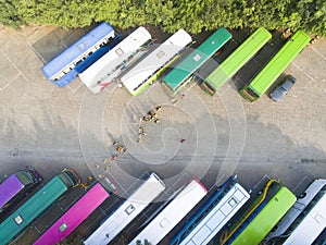 Aerial view of tourist buses on parking