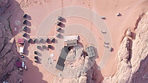Aerial view of touristic bedouin camp in Wadi Rum mountains.