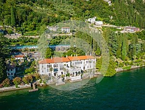 Aerial view of touristic villa Monastero located in Varenna resort in lake Como