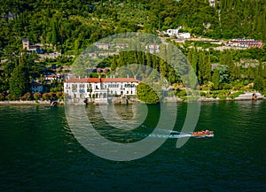 Aerial view of touristic villa Monastero located in Varenna resort in lake Como