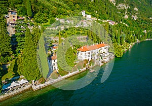 Aerial view of touristic villa Monastero located in Varenna resort in lake Como