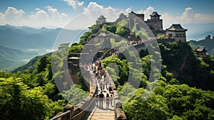 Aerial view of tourists at majestic Great Wall of China in a beautiful summer day. Generative AI