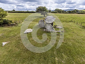 An aerial view towards the ancient burial chamber at Pentre Ifan in the Preseli hills in Pembrokeshire, Wales