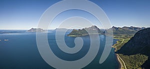 Aerial view towards the open sea, Fugloya, Lofotveggen or the Lofoten Wall and the horizon