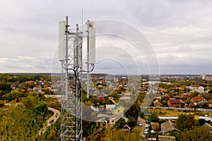 Aerial view of tower with 5G and 4G cellular network antenna