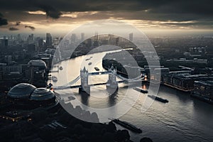 Aerial view of Tower Bridge and London skyline at sunset, UK, Aerial view of London and the River Thames, AI Generated