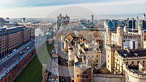 Aerial view on Tower Bridge and Shard in sunny day, London